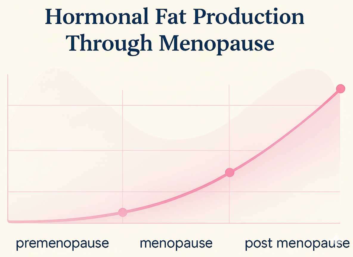 Line graph showing increase in hormonal fat production from premenopause through menopause to post menopause.