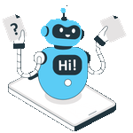 Blue friendly robot with a screen displaying 'Hi!' holding a question mark sign and a paper, standing on a smartphone.