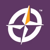 White compass rose with an orange north point on a purple background.
