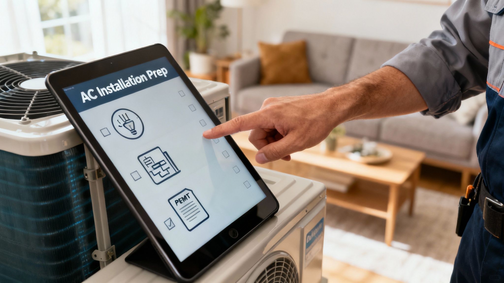 A technician checking an air conditioner unit with a tablet