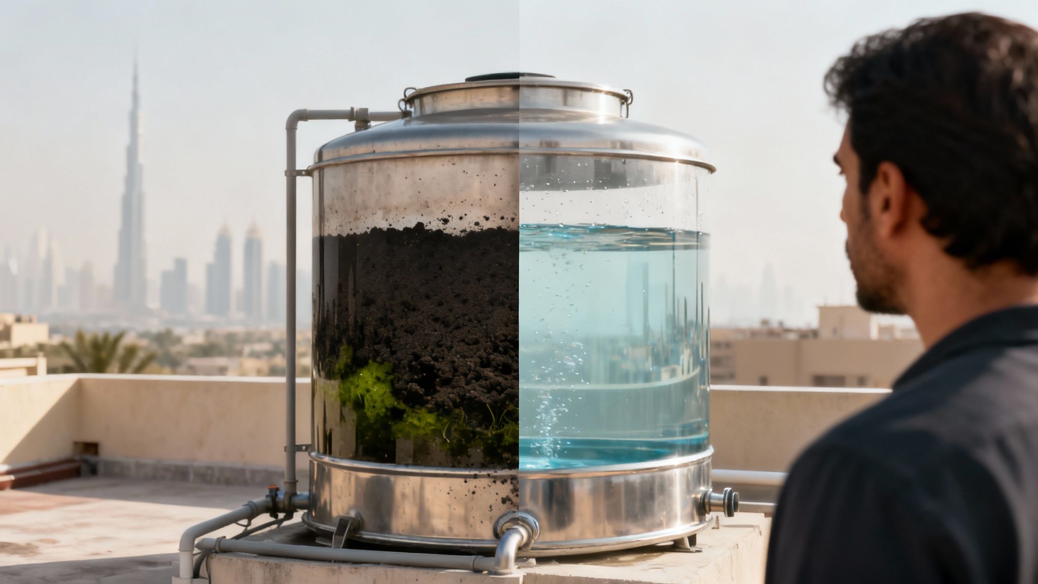 A professional technician cleaning the inside of a residential water tank in Dubai.