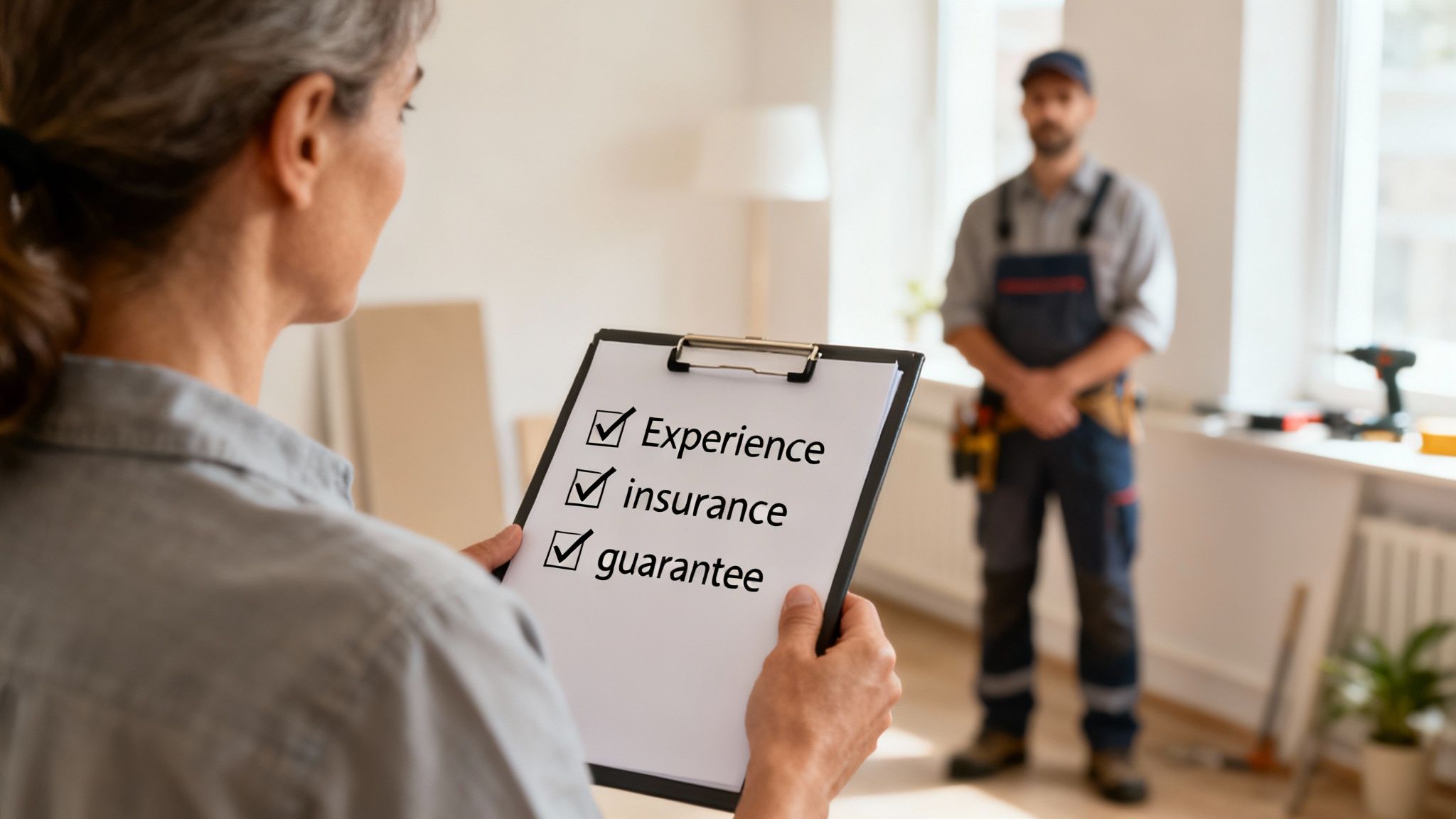 A handyman carefully inspecting a checklist on a clipboard
