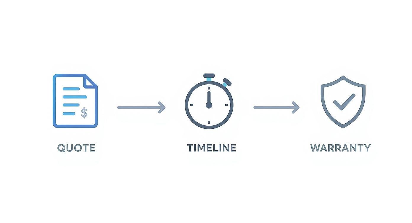 Infographic showing a 3-step hiring process for a plumbing service with icons for Quote, Timeline, and Warranty.