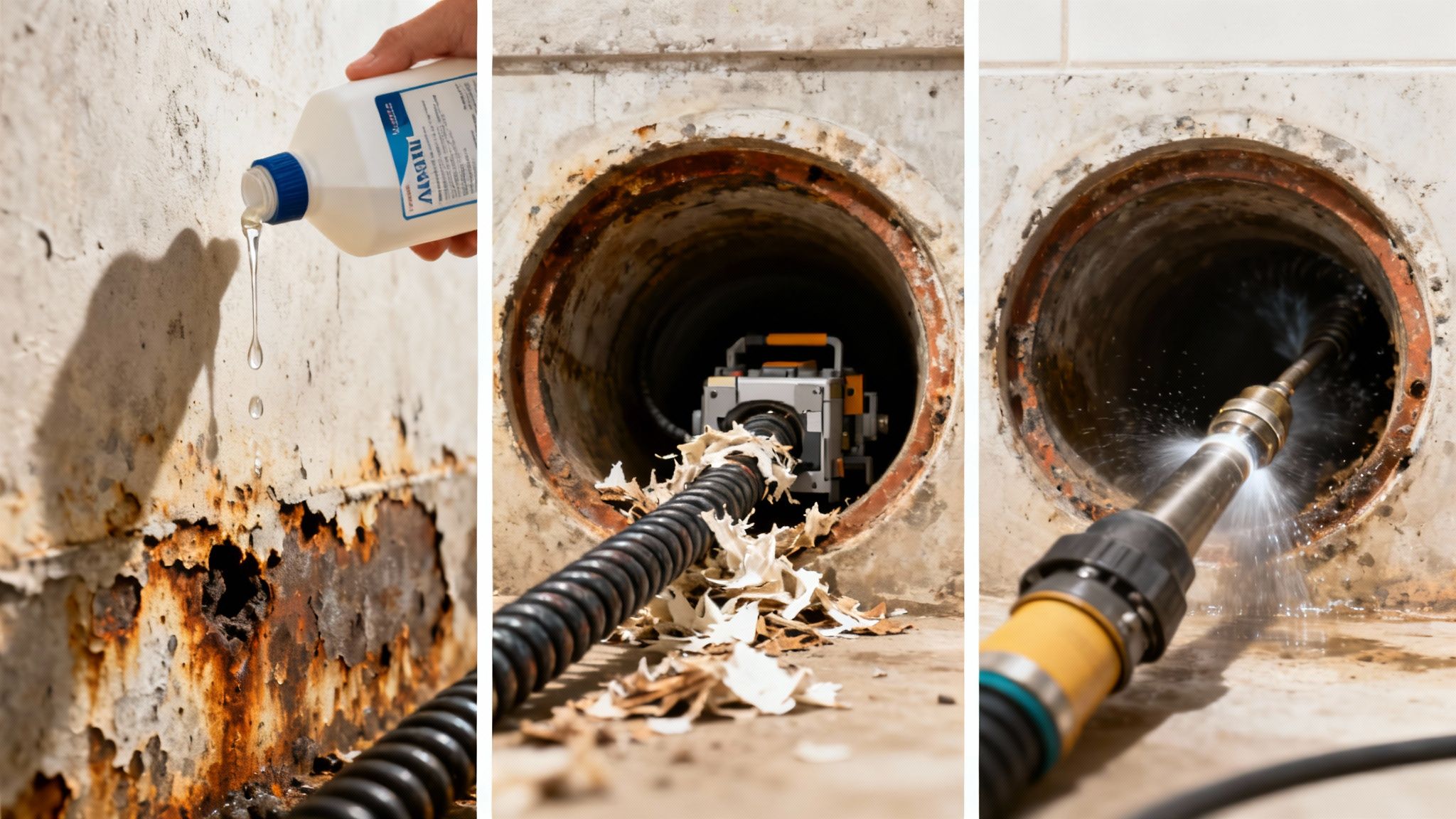 A split image showing a clean pipe after hydro jetting versus a clogged pipe.
