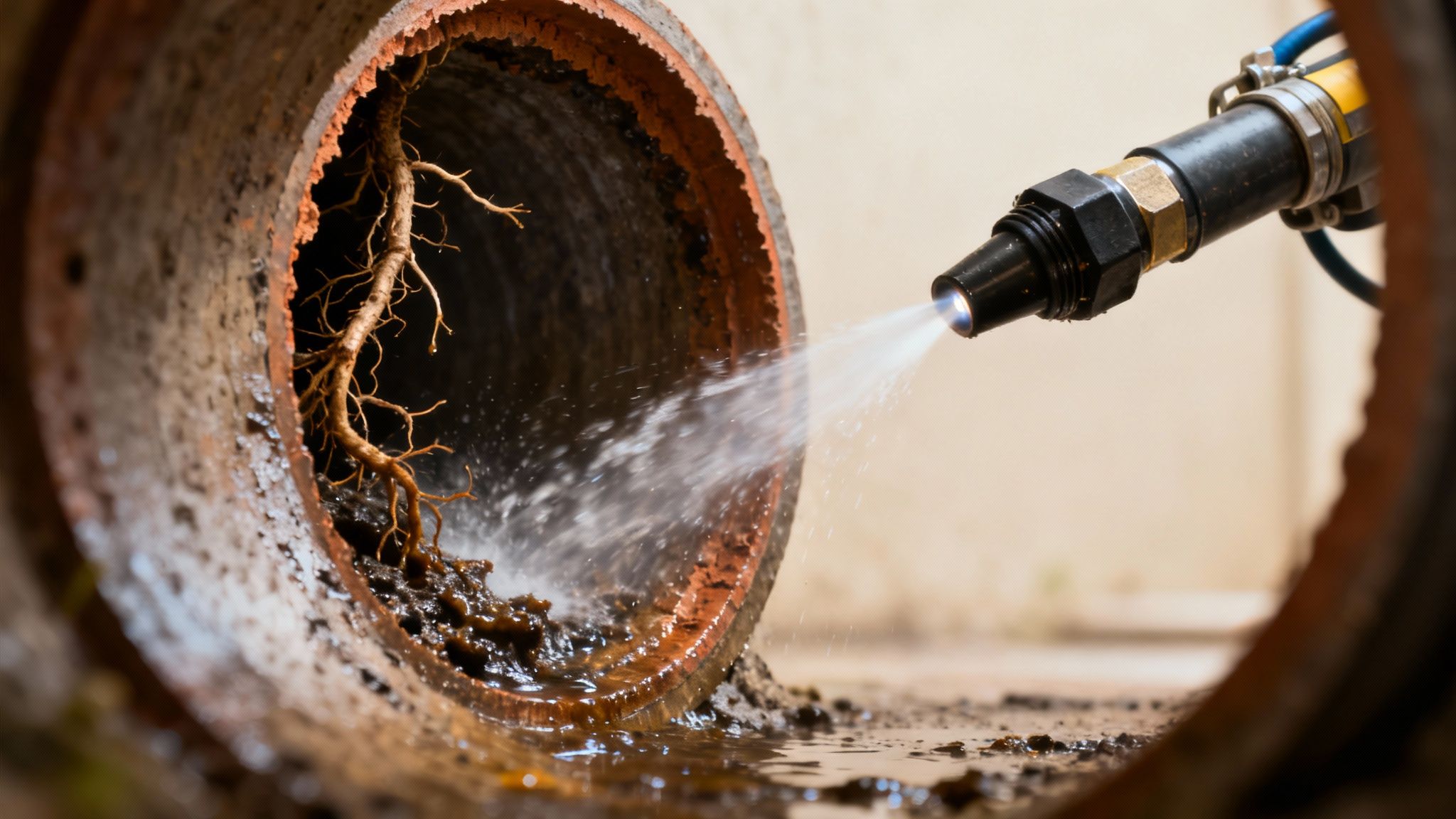 A hydro jetting hose with a specialized nozzle spraying high-pressure water inside a pipe.
