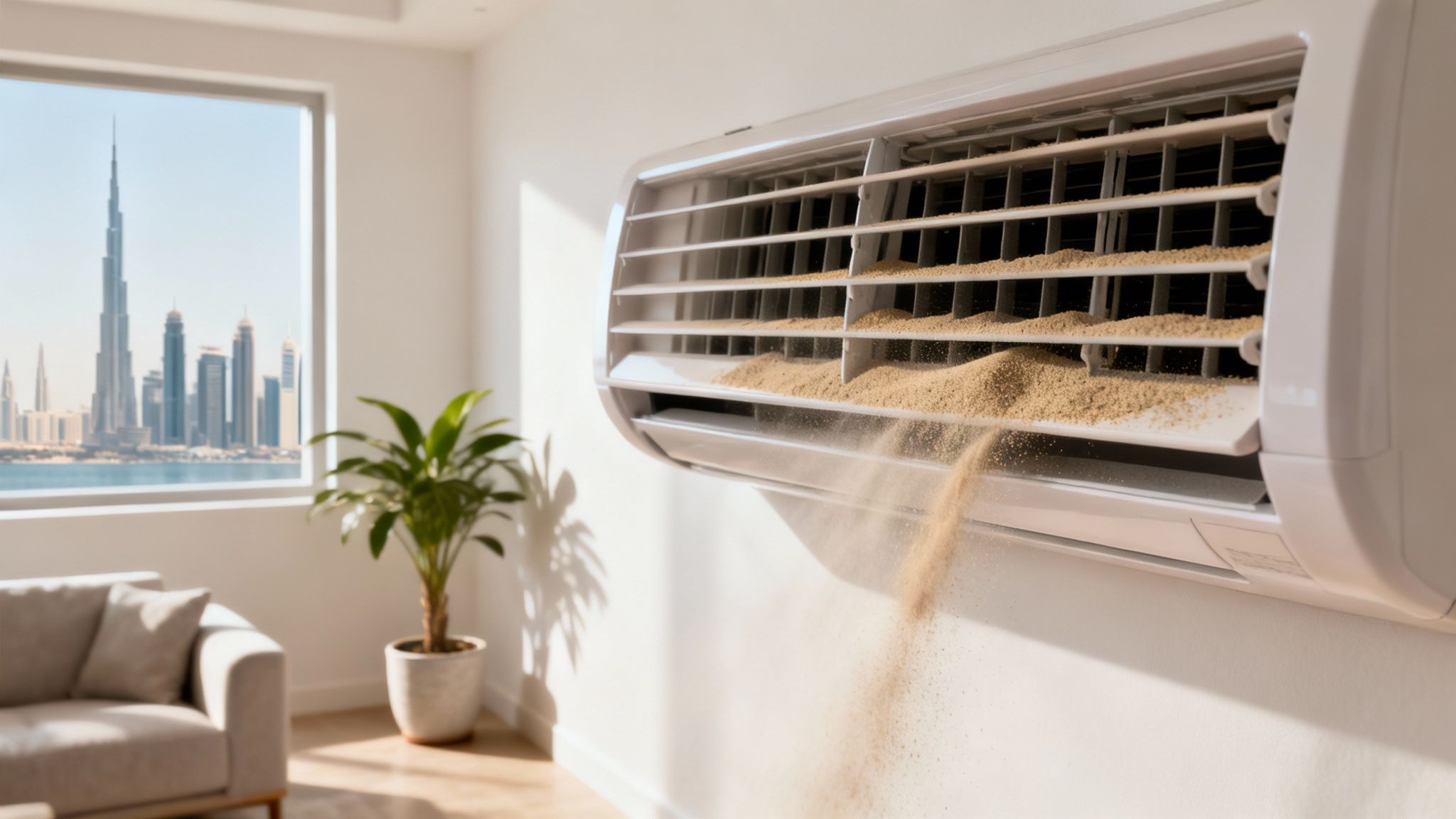 A clean, modern living room in Dubai with a visible air conditioning vent on the ceiling.