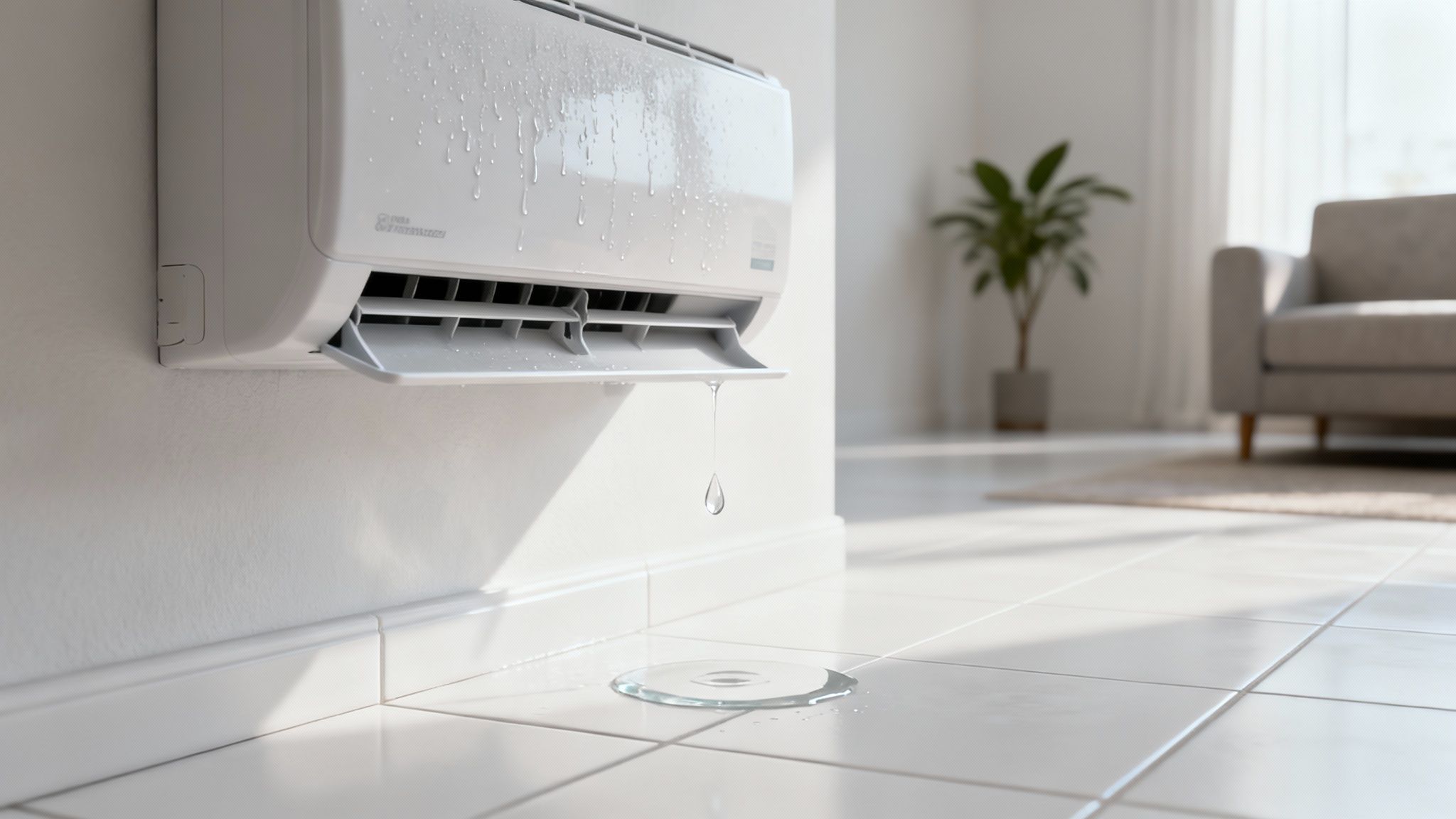 A close-up view of an air conditioning unit with water droplets, illustrating a leak.