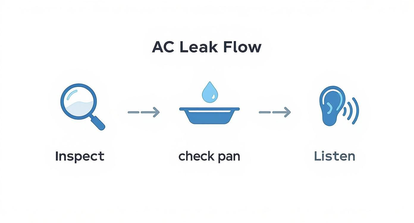 Infographic outlining the AC leak check process, showing icons for inspecting the unit, checking the drain pan, and listening for unusual sounds.