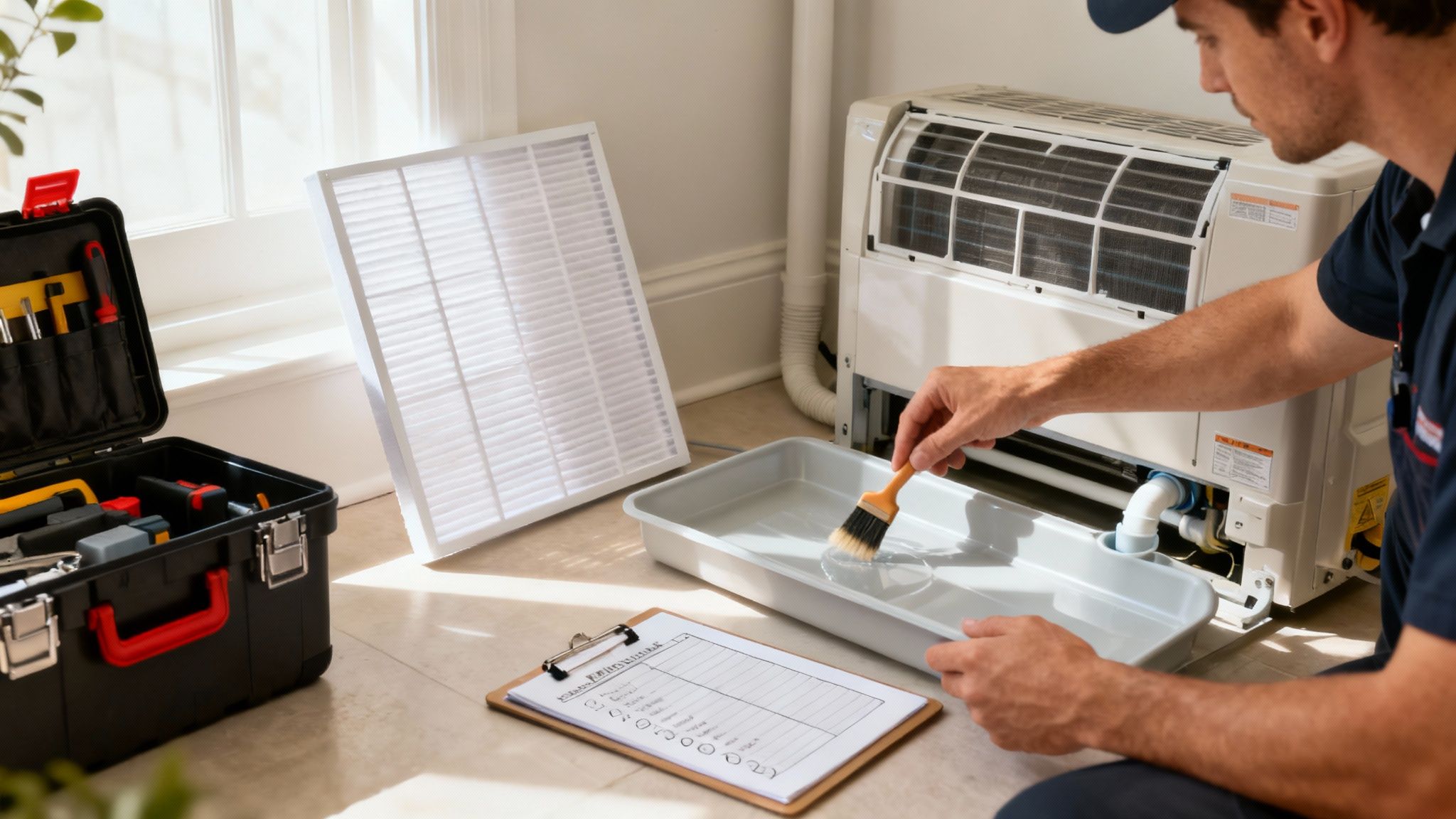 A professional technician performs maintenance on an outdoor air conditioning unit.