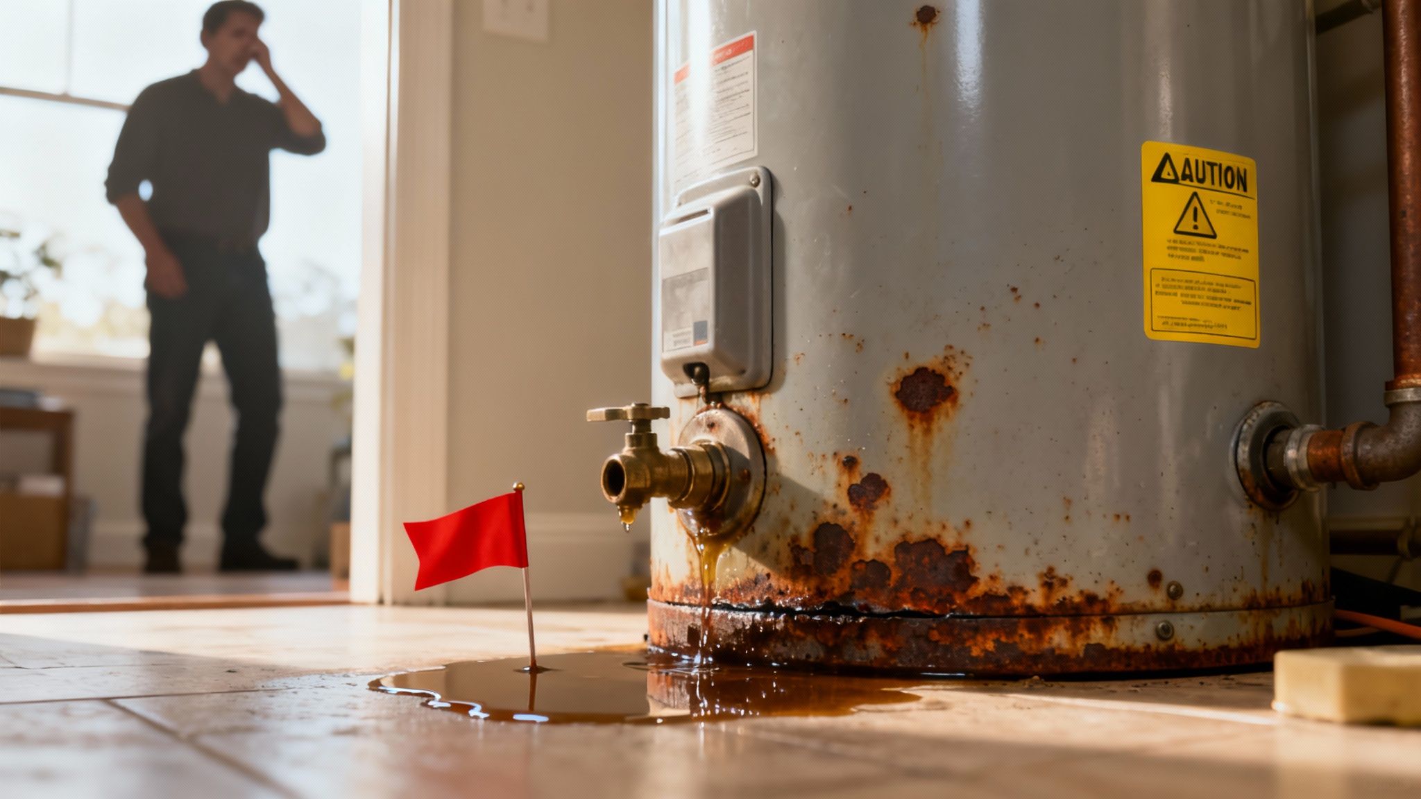 Technician examining a water heater unit.