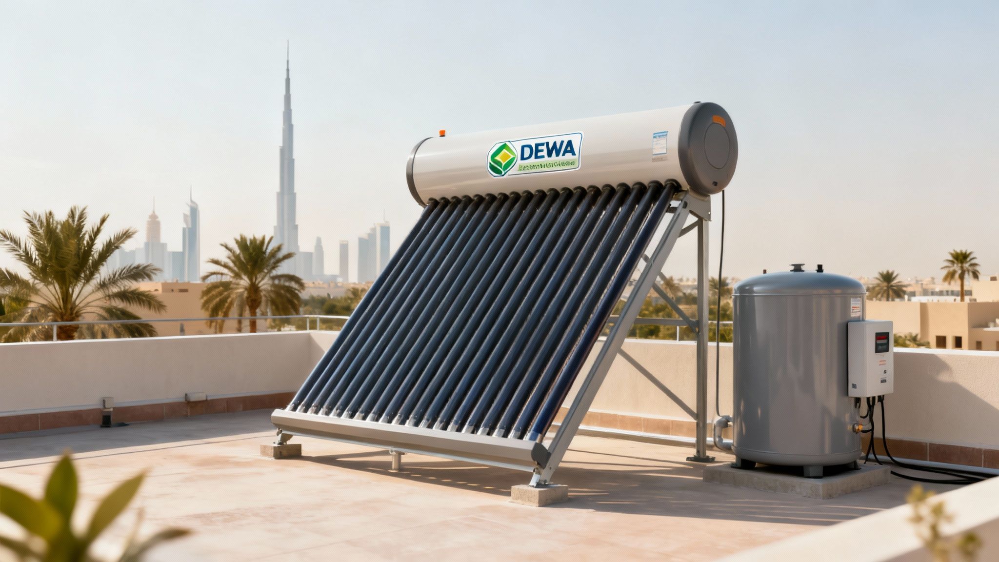 Water heater unit installed on a rooftop in Dubai.