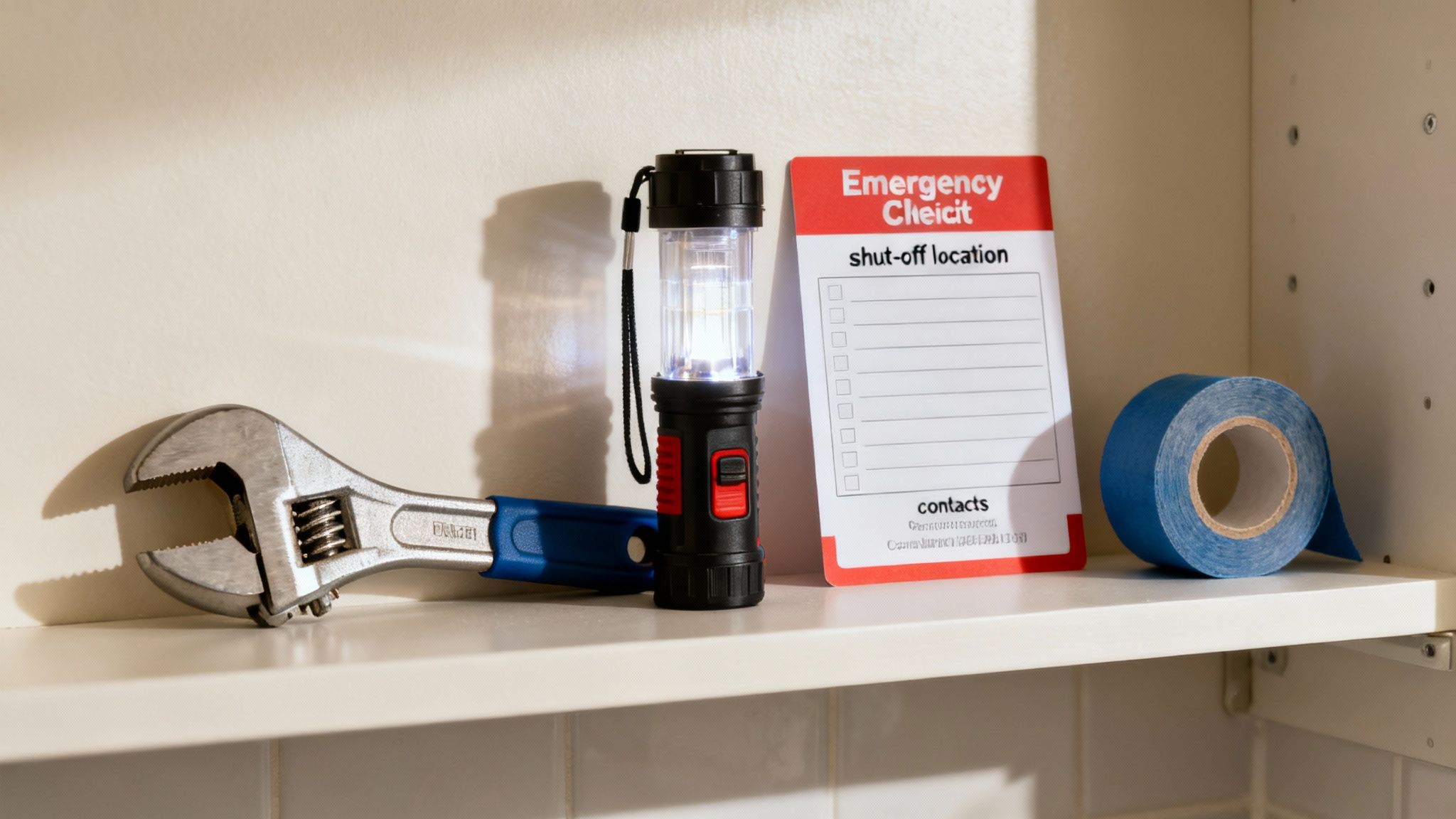 A homeowner inspects their water shut-off valve in a clean utility area.