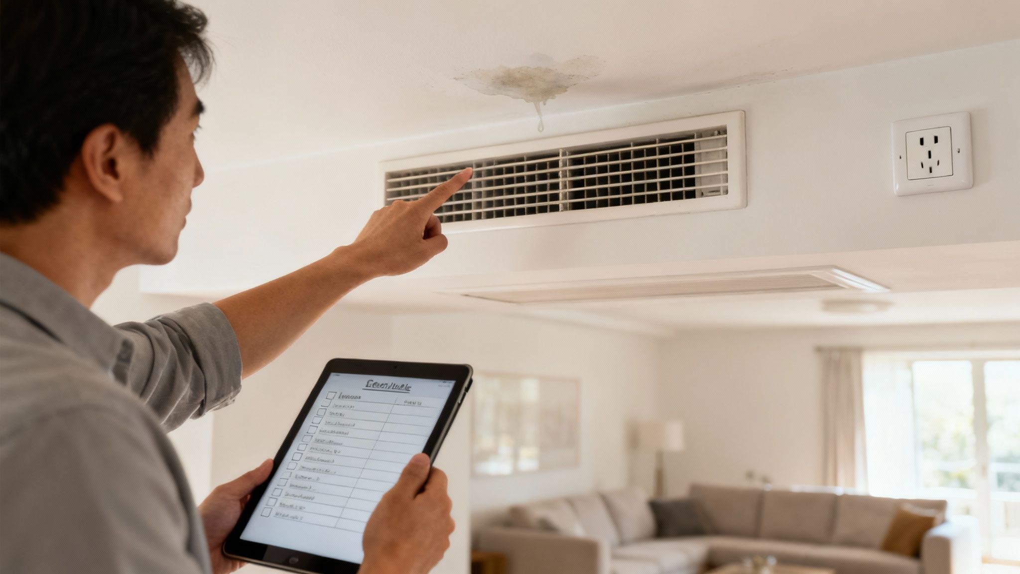 A technician inspecting an air conditioning unit on a wall
