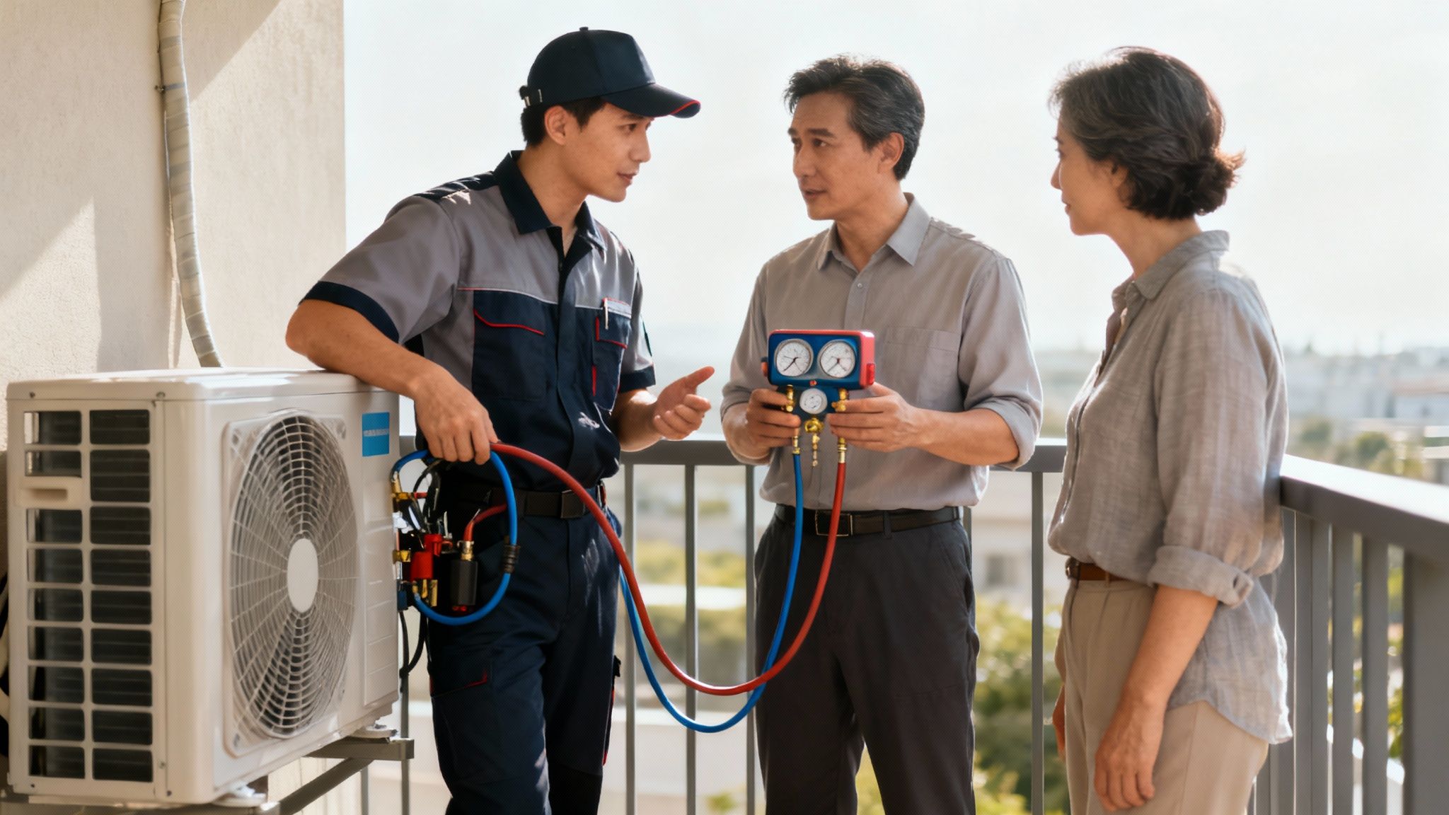 A friendly HandyBros technician explaining the AC repair process to a homeowner in Dubai.