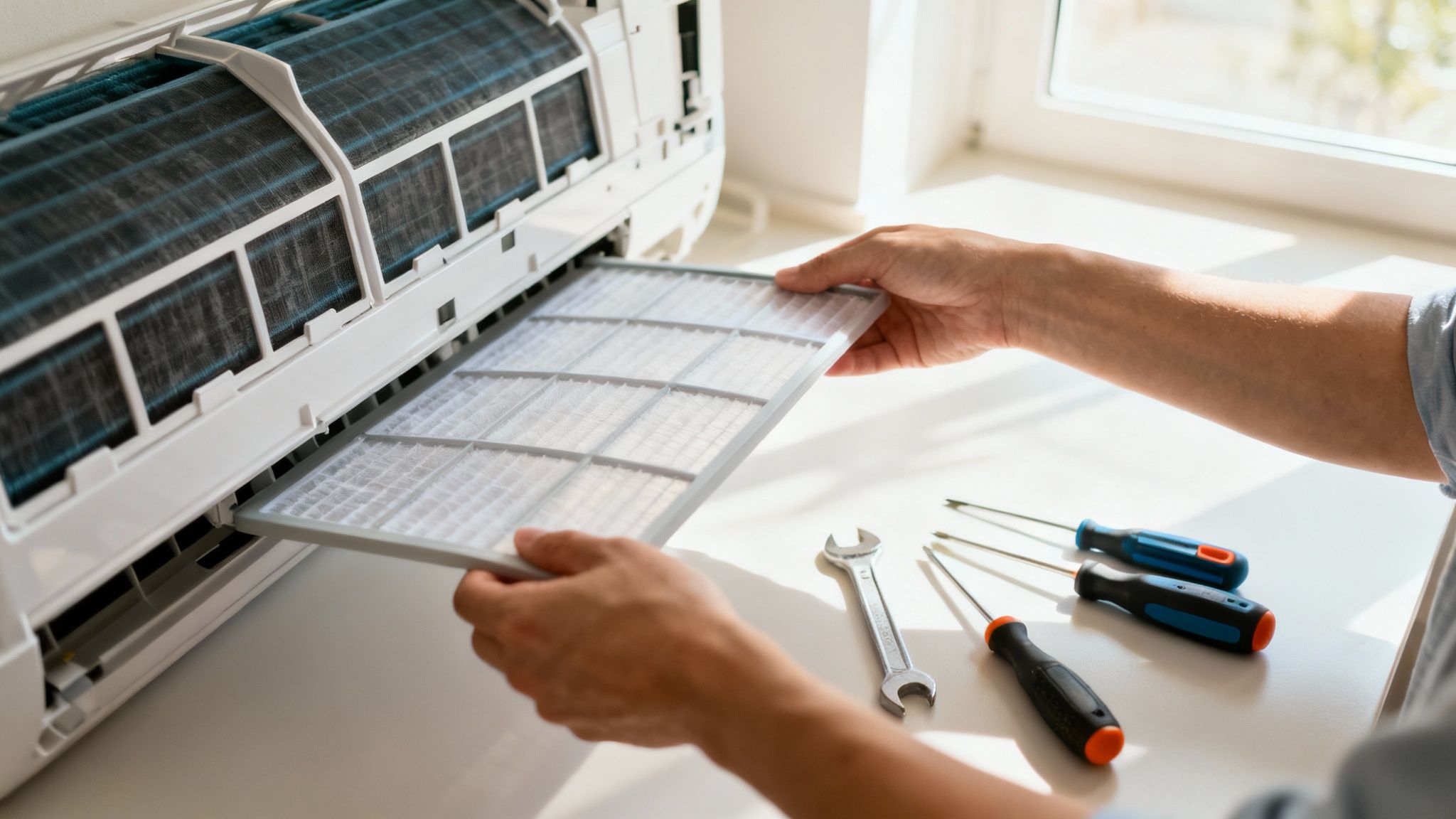 A person changing a clean air filter in an AC unit, demonstrating preventative maintenance.