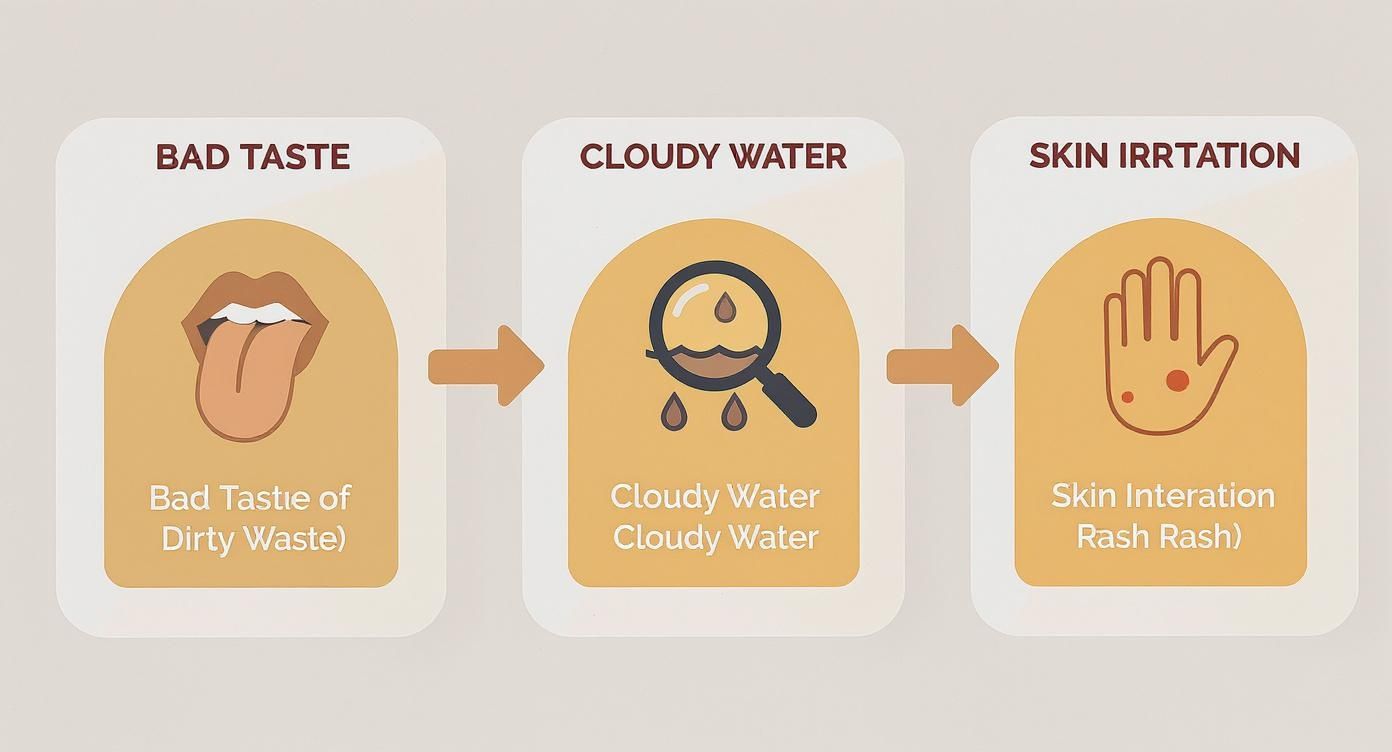 Three warning signs of dirty water tank: bad taste, cloudy water, and skin irritation symptoms