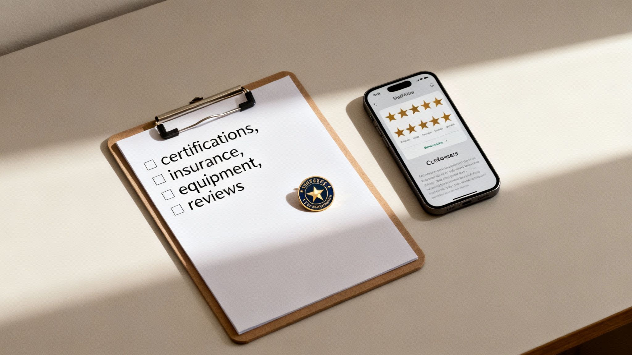 Clipboard with service checklist and smartphone displaying customer reviews with star ratings