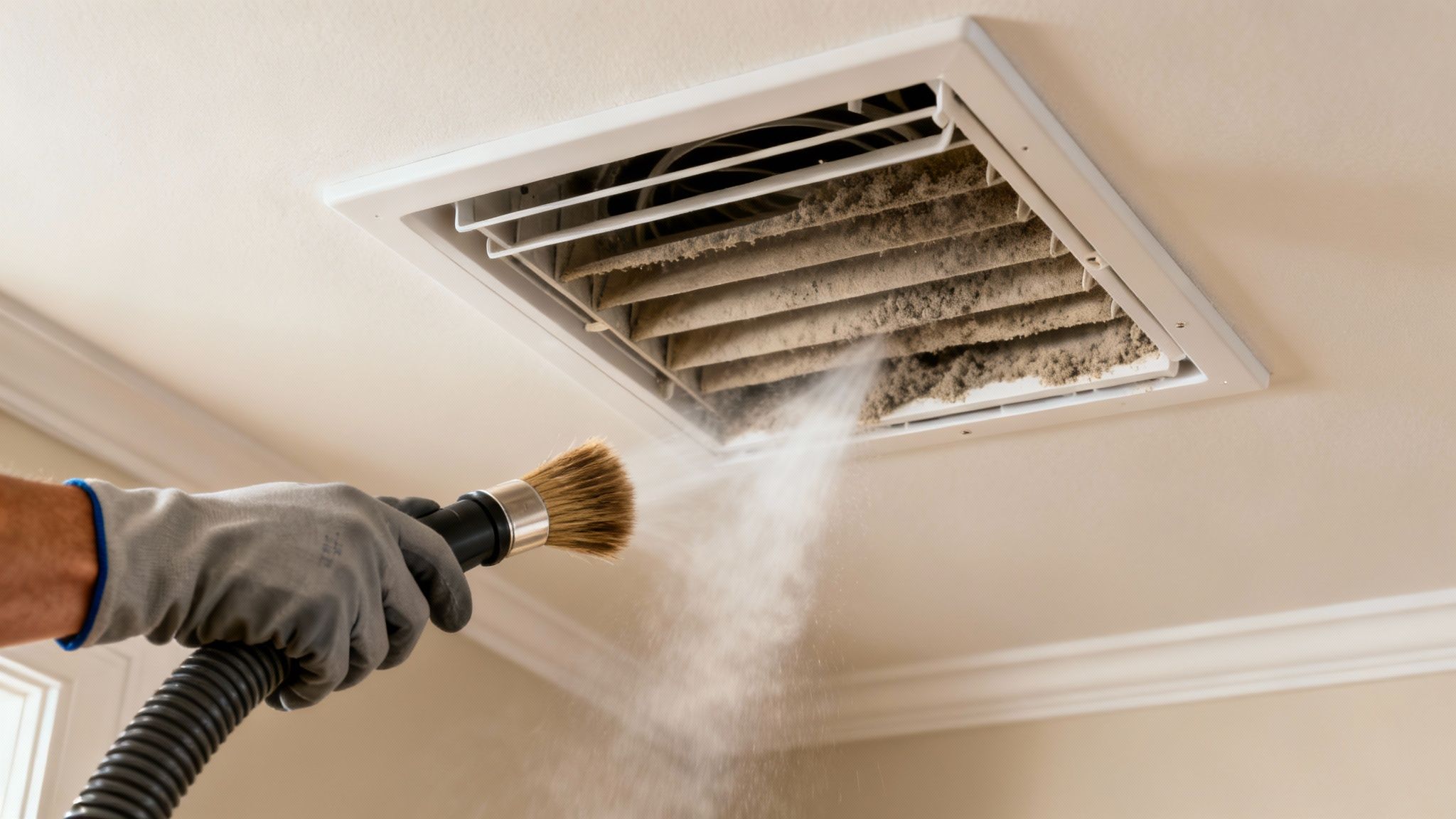 Professional technician cleaning dusty air conditioning vent with brush attachment removing accumulated dirt and debris