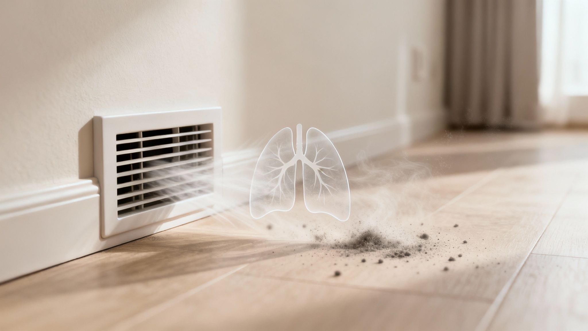 Air vent blowing dust particles toward illustrated lungs showing indoor air quality concerns
