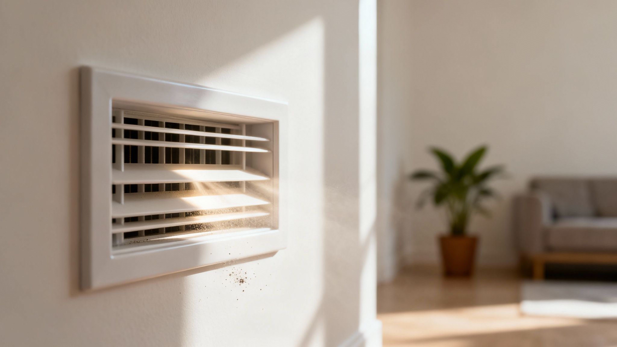 Clean white air duct vent on wall with visible airflow in modern home interior