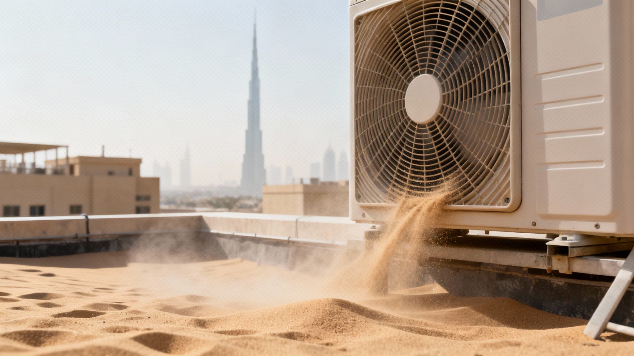Air conditioning unit blowing sand and dust on desert rooftop in Dubai skyline