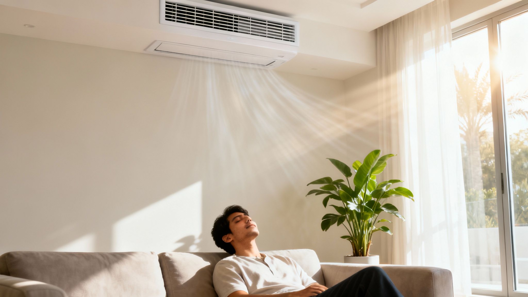 A man relaxing on a couch, enjoying cool air from an air conditioner in a sunny room.