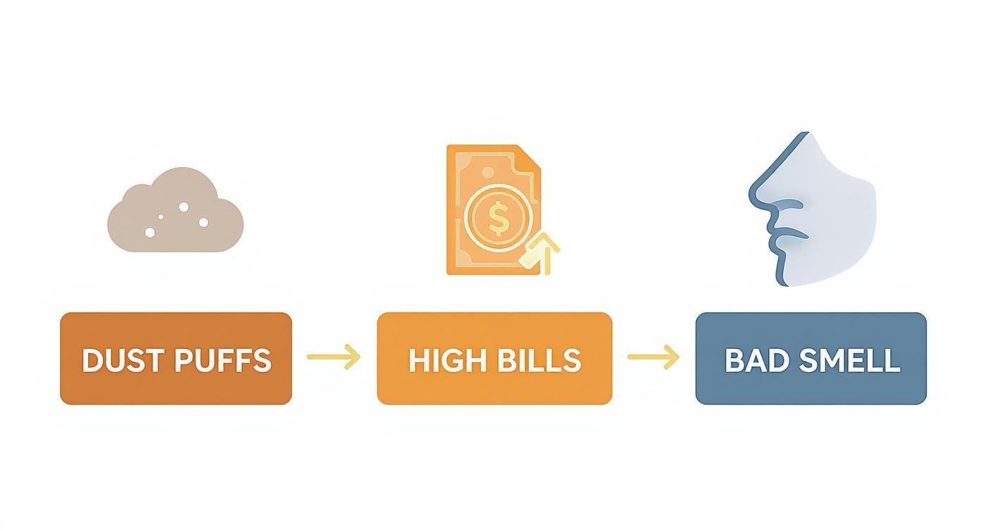 Flowchart illustrating dust puffs leading to high bills and bad smells, with corresponding icons.