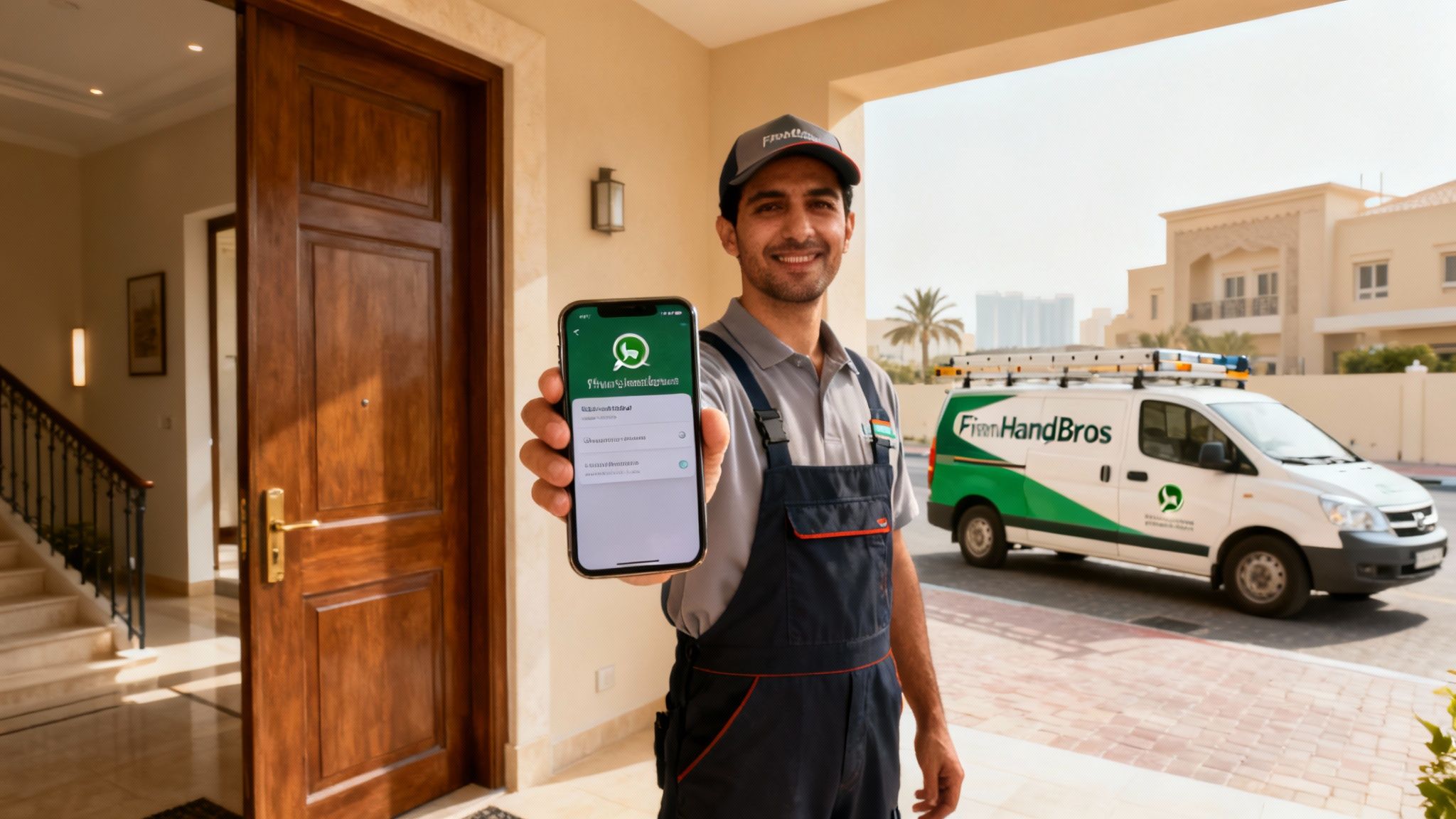 Smiling technician displaying a FinHandBros mobile app at a residential home with a service van.