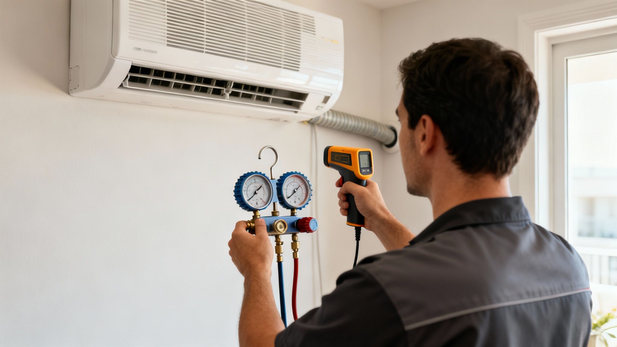 A technician measures temperature and pressure while servicing a wall-mounted air conditioner unit.