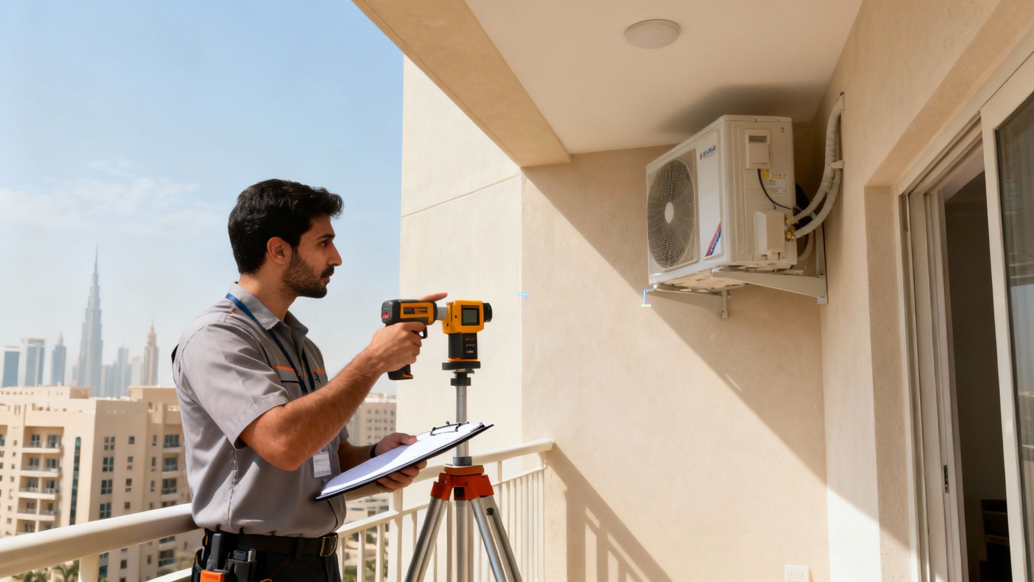 Technician inspecting an outdoor air conditioning unit on a balcony with a city skyline.