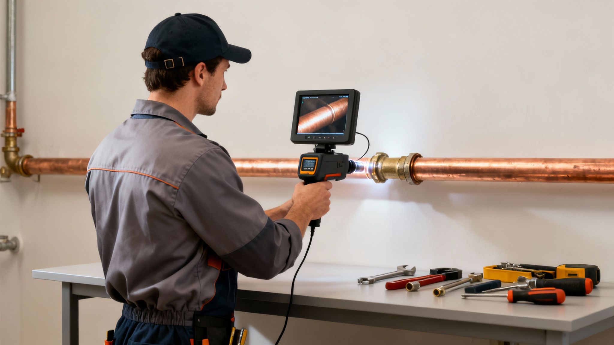 A plumber in a cap inspects copper pipes with a handheld borescope, viewing the inside on a screen.