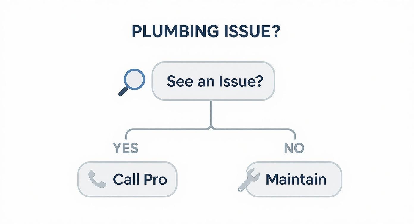 Flowchart illustrating a plumbing issue decision tree: See an issue? Yes, call a pro. No, maintain.