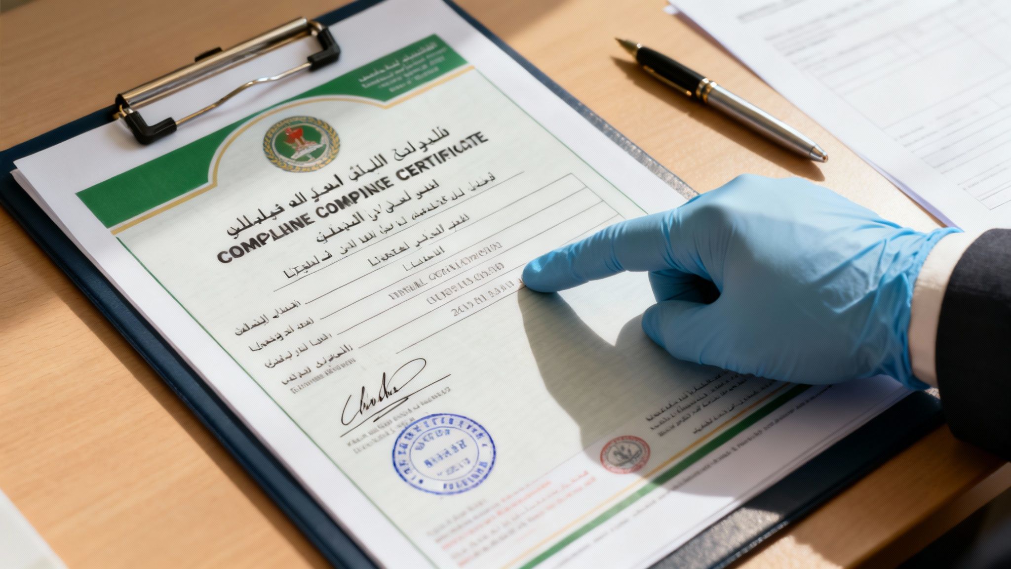 Hand in a blue glove points to a compliance certificate, Arabic and English text visible.
