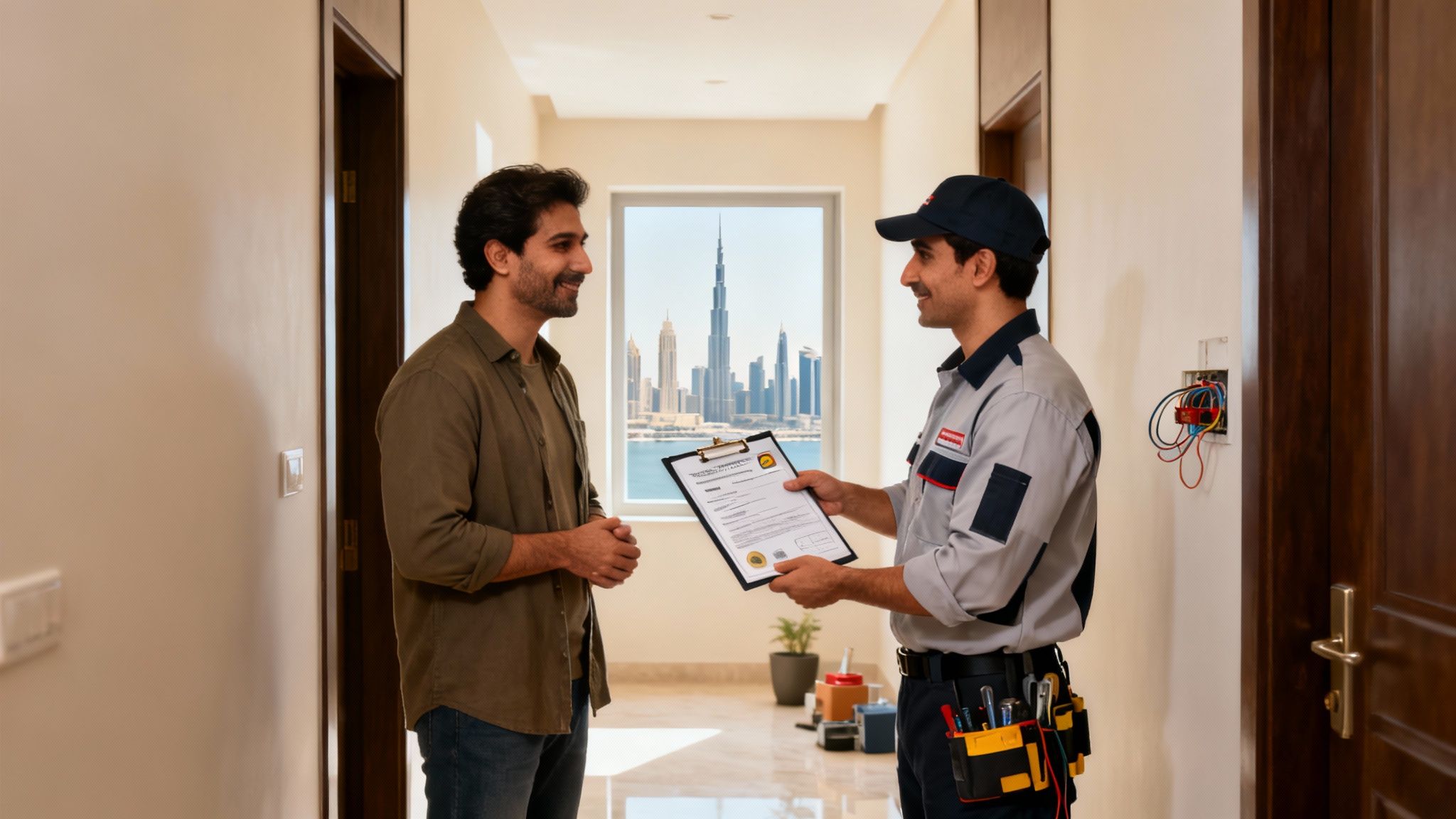 Electrical contractor presenting a service document to a customer inside a modern Dubai apartment.