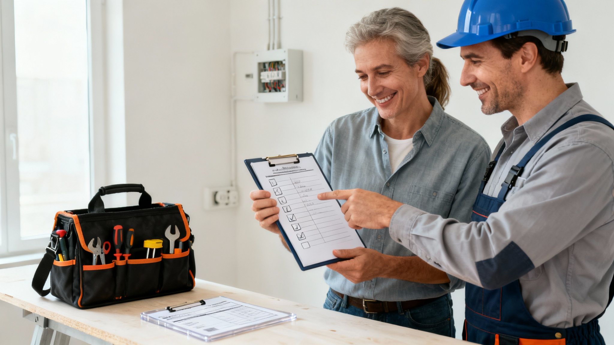 An electrician and a homeowner review a checklist for electrical work on a construction site.