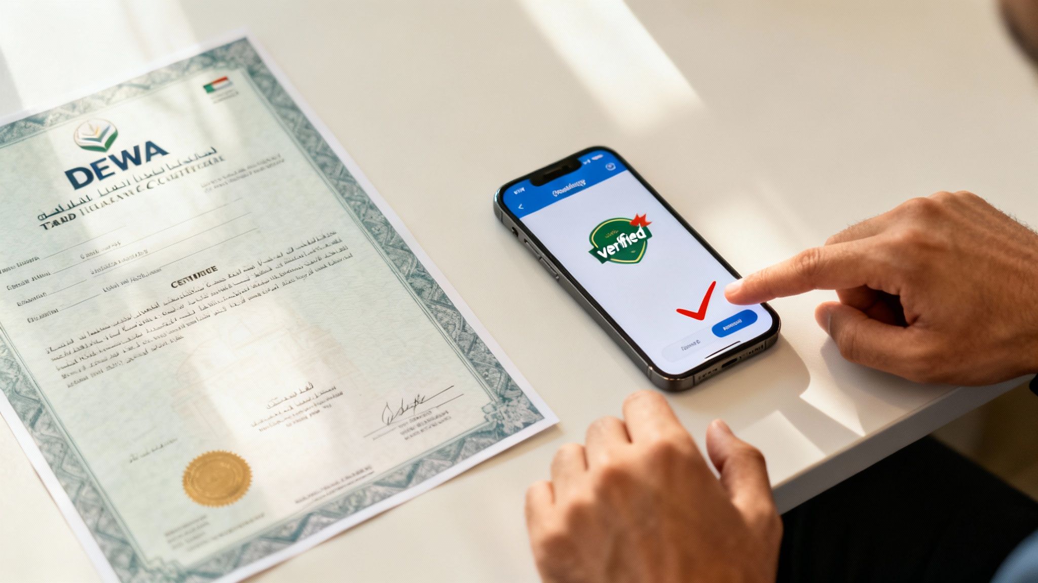 A person digitally verifying a DEWA certificate using a smartphone app displaying a 'Verified' badge.