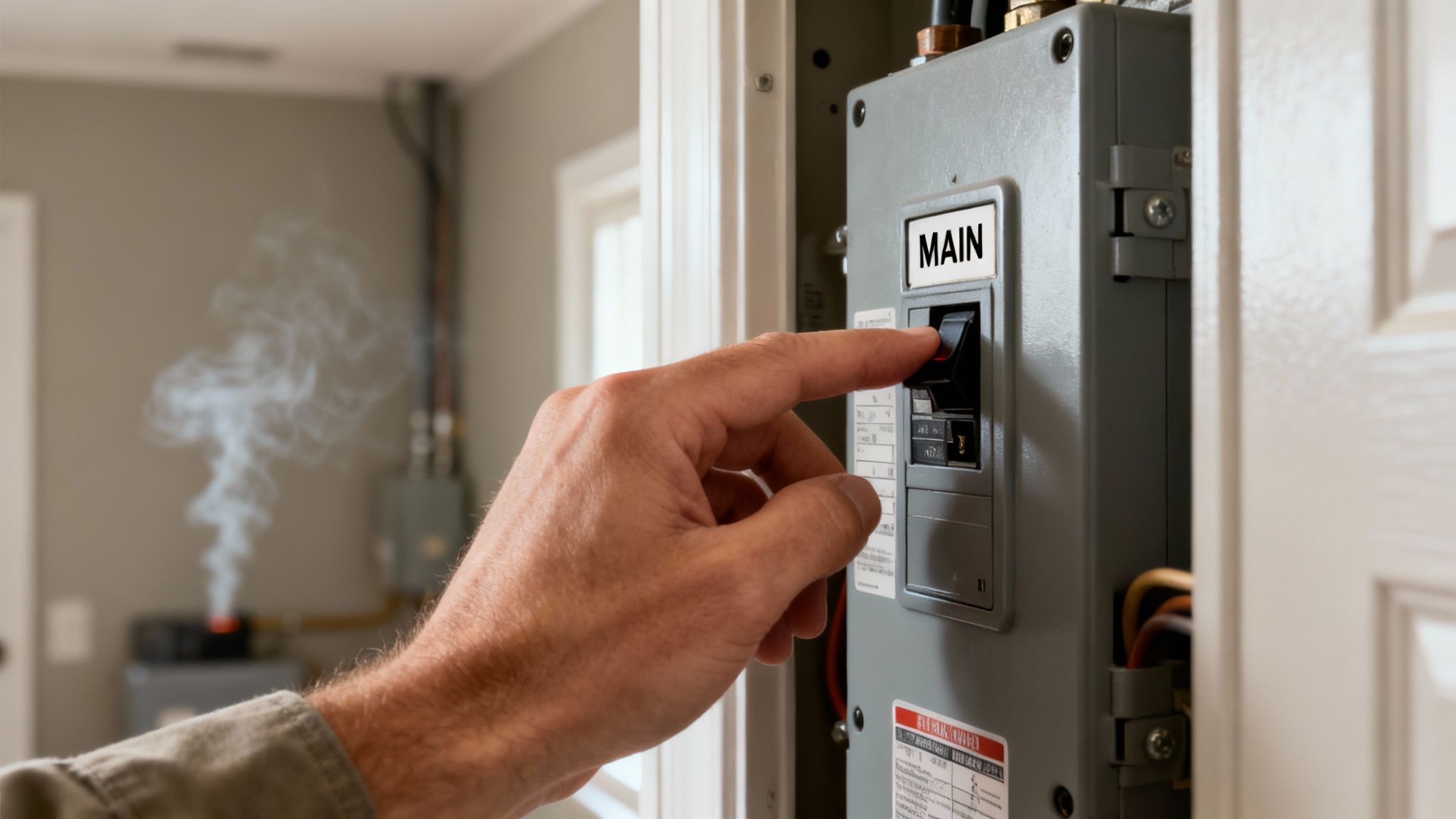 A hand turns off a main circuit breaker with smoke rising from an electrical issue in the background.