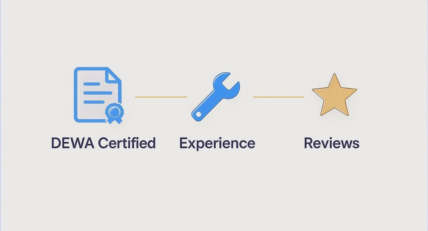 DEWA Certified document icon, a wrench for Experience, and a star for Reviews, signifying service quality.