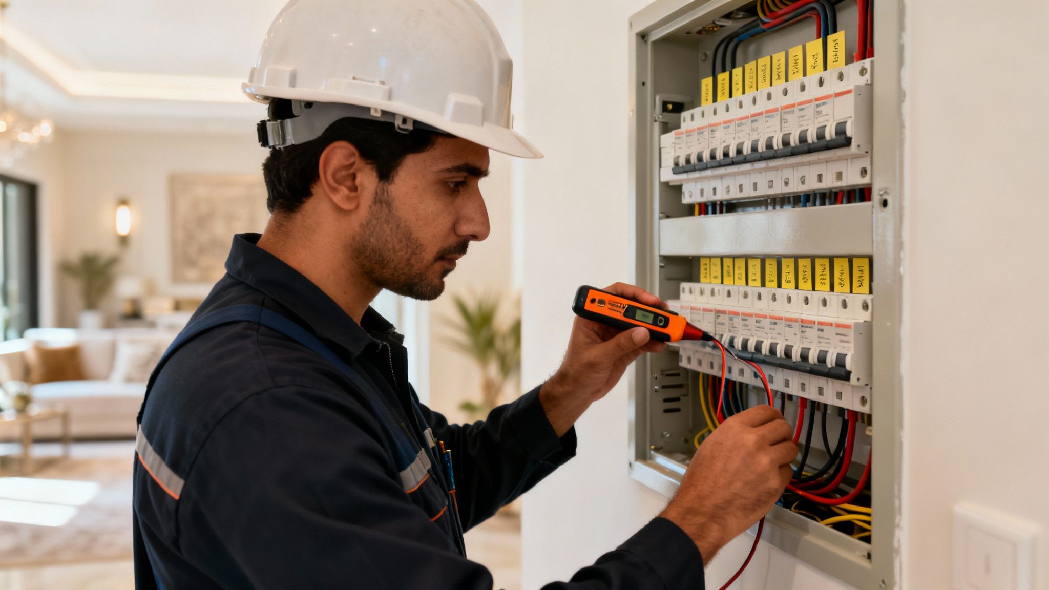 An electrician wearing a hard hat tests a home's circuit breaker box with a voltage tester.