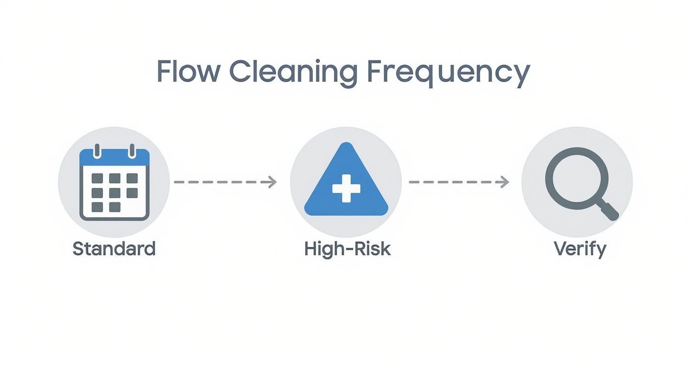 Flowchart illustrating cleaning frequency: Standard, High-Risk, and Verify steps with icons.