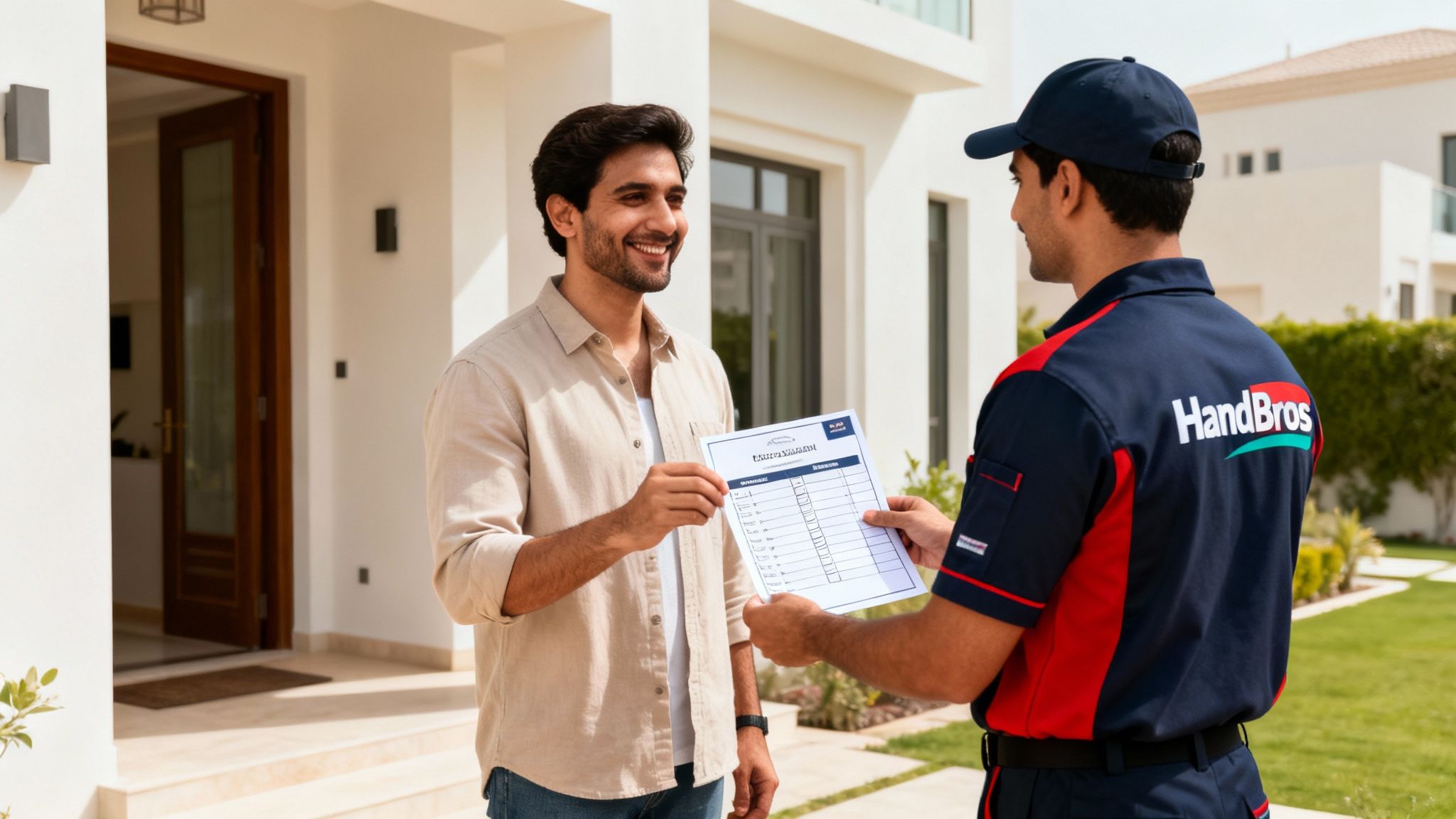 A smiling customer receives a service document from a HandBros technician outside a modern house.