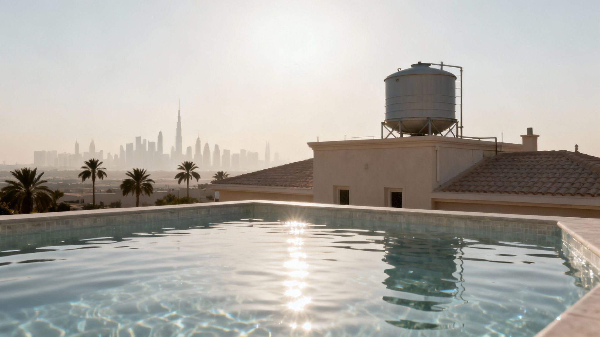 Rooftop infinity pool with sun glare, overlooking Dubai skyline and a water tank.