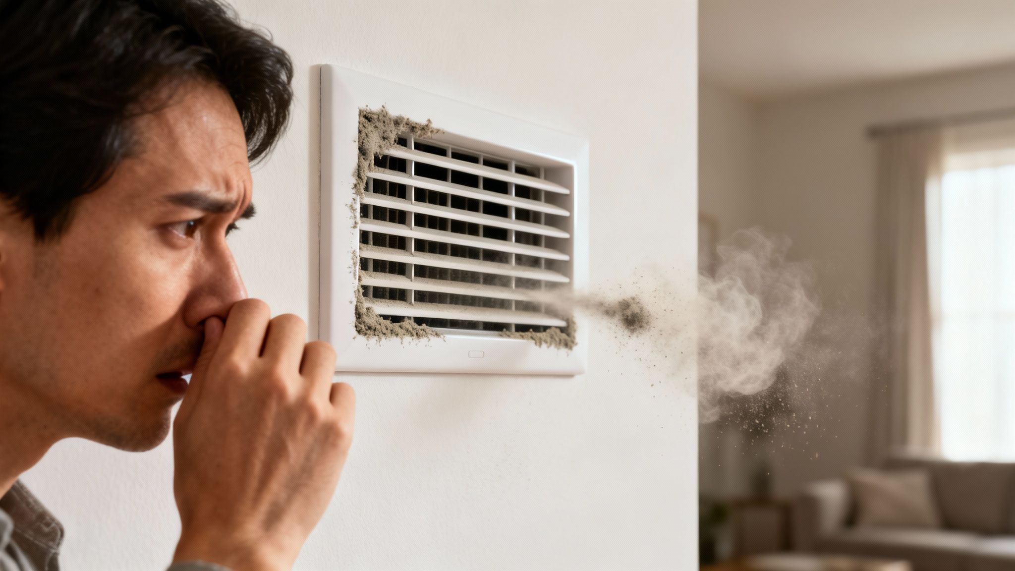 Man pinching nose in disgust at a dusty air vent spewing a cloud of dirt.