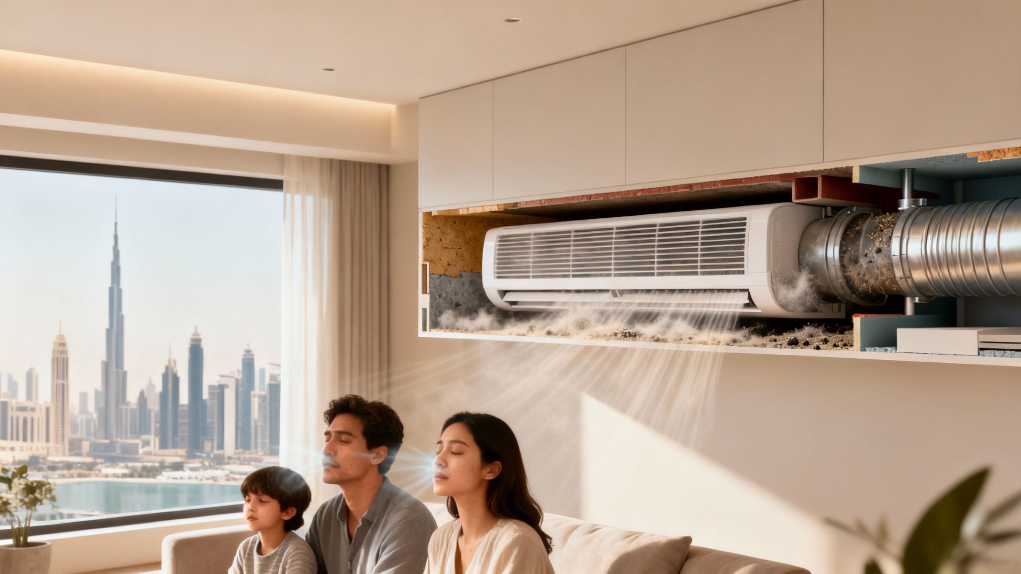 A cross-section reveals a dirty air conditioning system blowing dust into a modern apartment with a family.