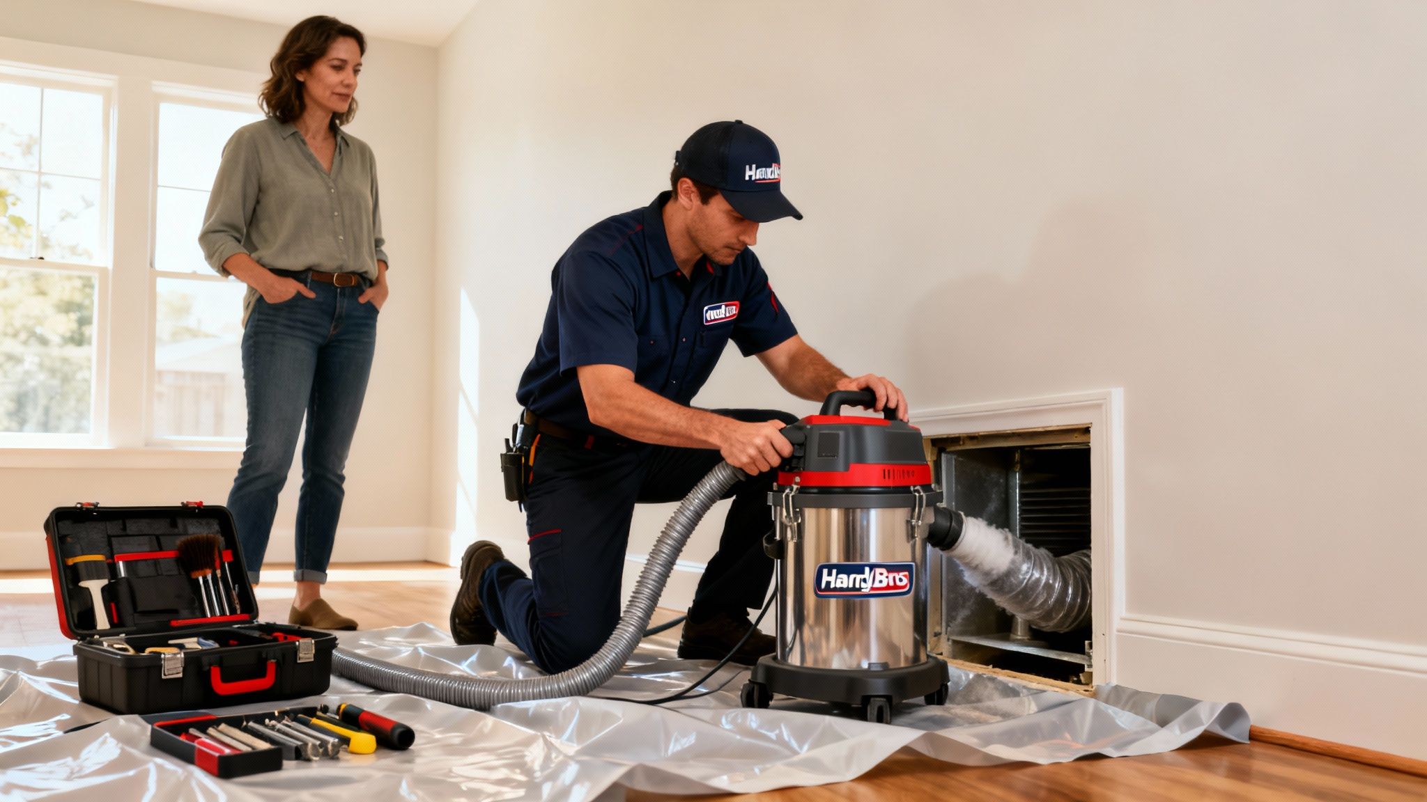 A professional technician performs air duct cleaning for a homeowner using specialized equipment.