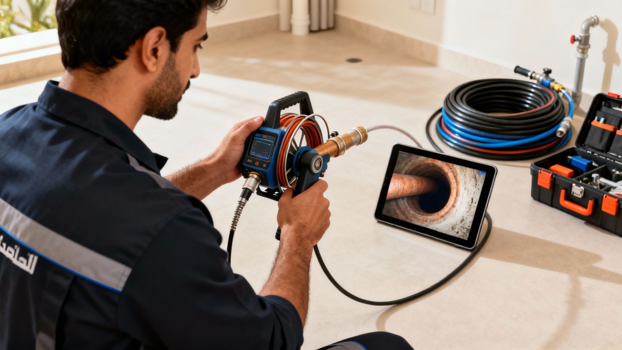 A professional plumber uses a pipe inspection camera system, displaying the live feed on a tablet.