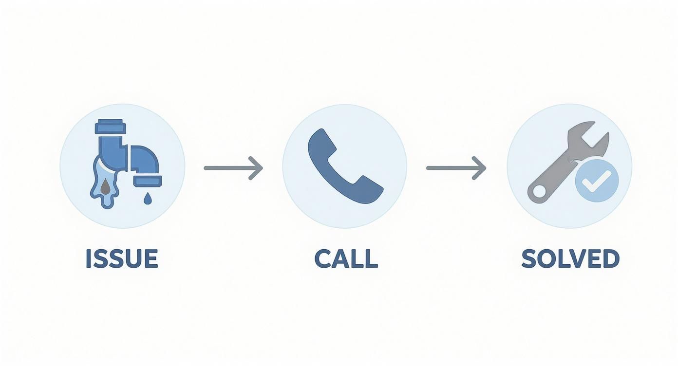 Process of resolving a plumbing problem: issue (leaky pipe), phone call, and solution (wrench with checkmark).