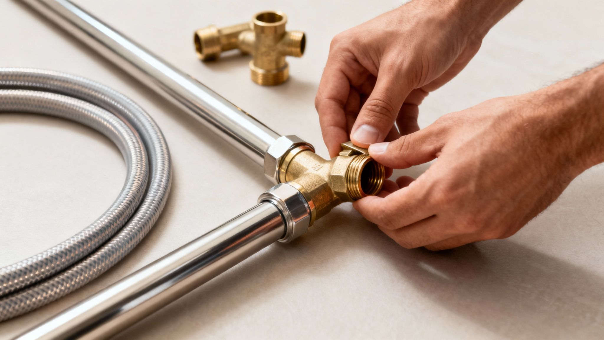 Close-up of hands connecting brass plumbing fittings to metal pipes on a light surface.