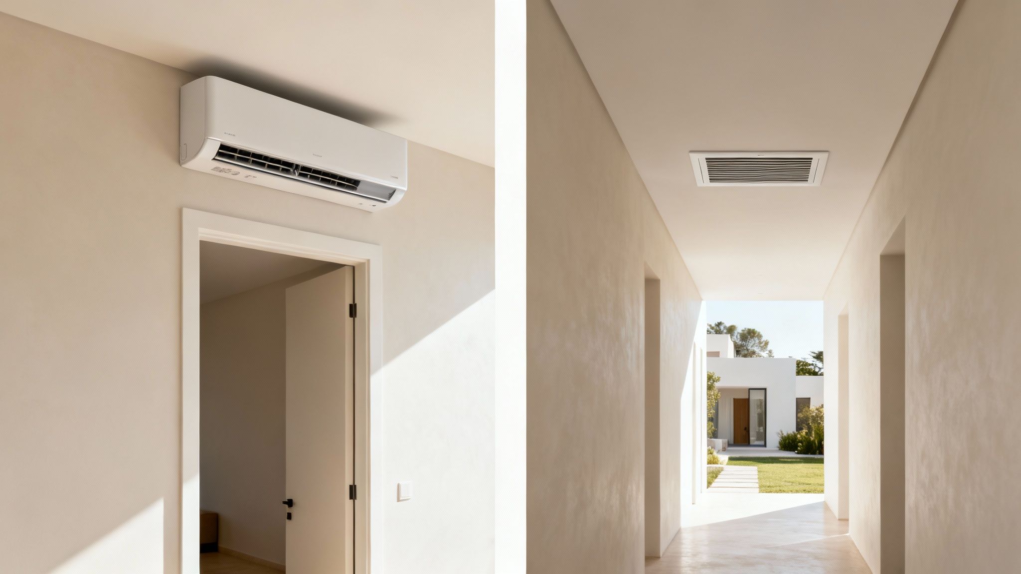Modern indoor spaces showcasing wall-mounted and ceiling-mounted air conditioning units in a clean design.