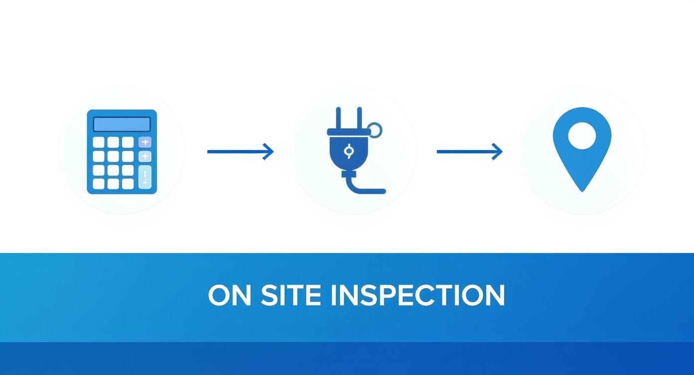 Icons showing a calculator, electrical plug, and location pin, leading to an 'On Site Inspection' banner.